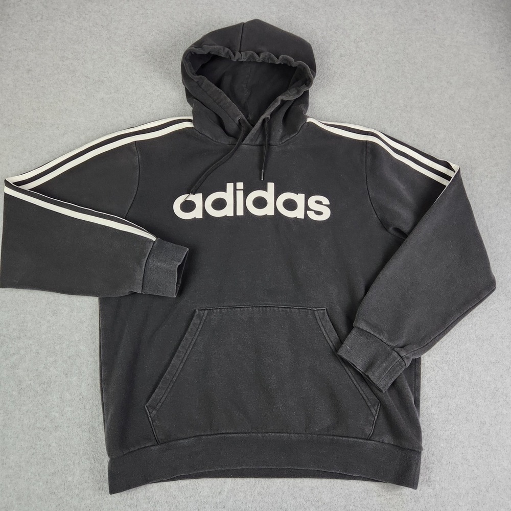 Adidas Hoodie Mens Medium Black Essentials 3-Stripe Pullover Logo Sweatshirt